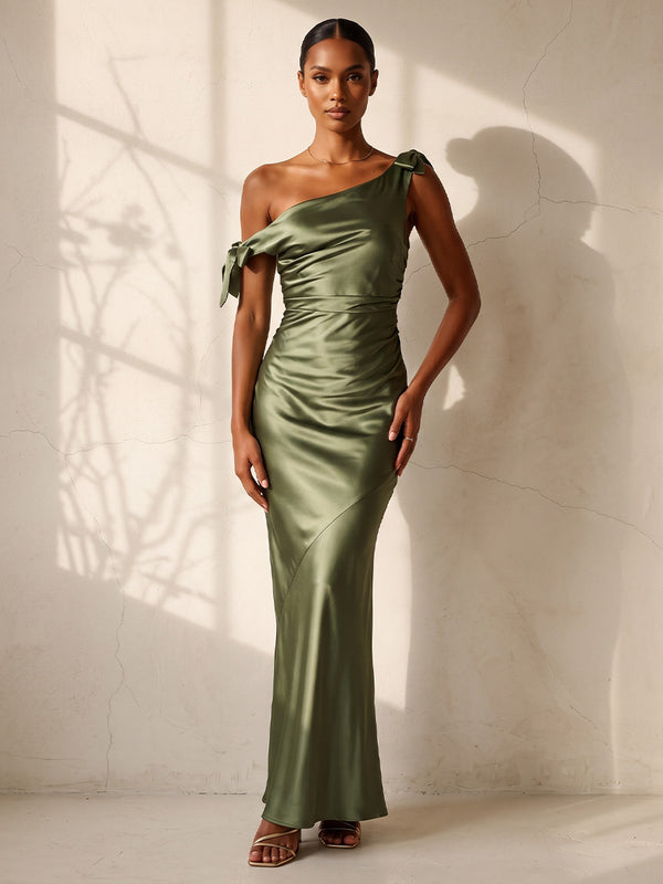 Sheath/Column Off Shoulder Satin Maxi Wedding Guest Dresses with Bow & Ruched Bodice