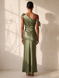 Sheath/Column Off Shoulder Satin Maxi Wedding Guest Dresses with Bow & Ruched Bodice