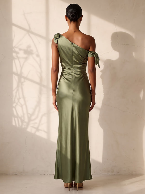 Sheath/Column Off Shoulder Satin Maxi Wedding Guest Dresses with Bow & Ruched Bodice