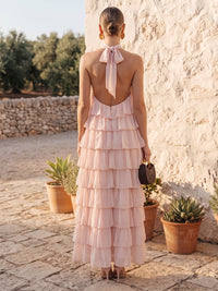 A-Line/Princess Halter Chiffon Maxi Wedding Guest Dresses with Tiered Layers & Ruffles