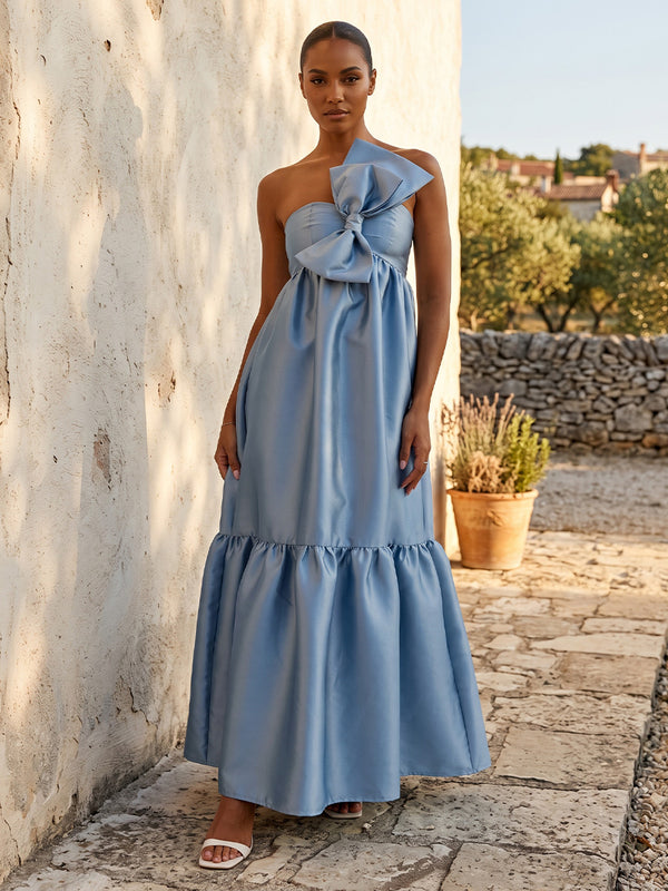 A-Line/Princess Strapless Satin Maxi Wedding Guest Dresses with Bow & Ruched Bodice