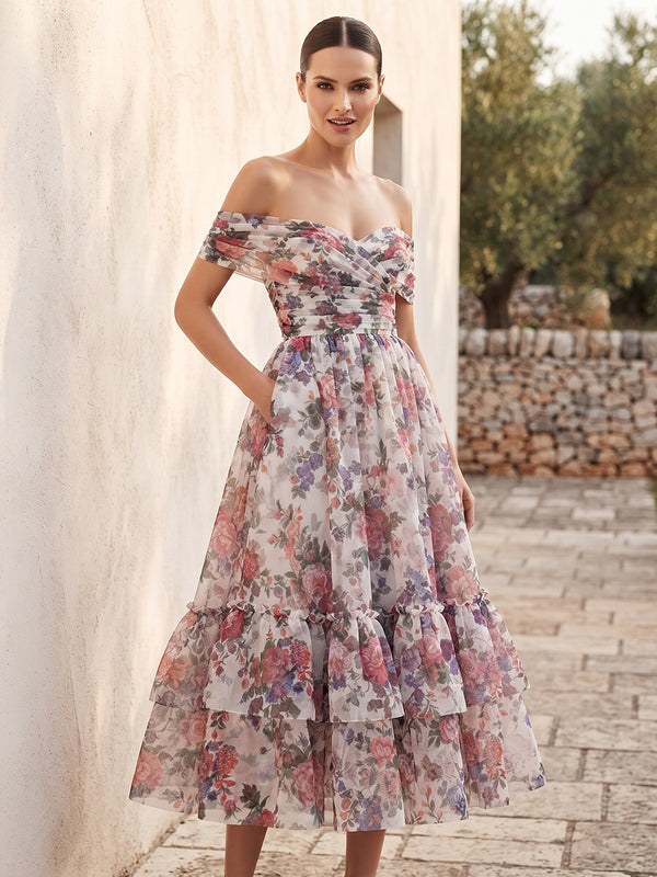 A-Line/Princess Off Shoulder Floral Print Tea-Length Wedding Guest Dresses with Ruffles, Ruched Bodice & Pleats