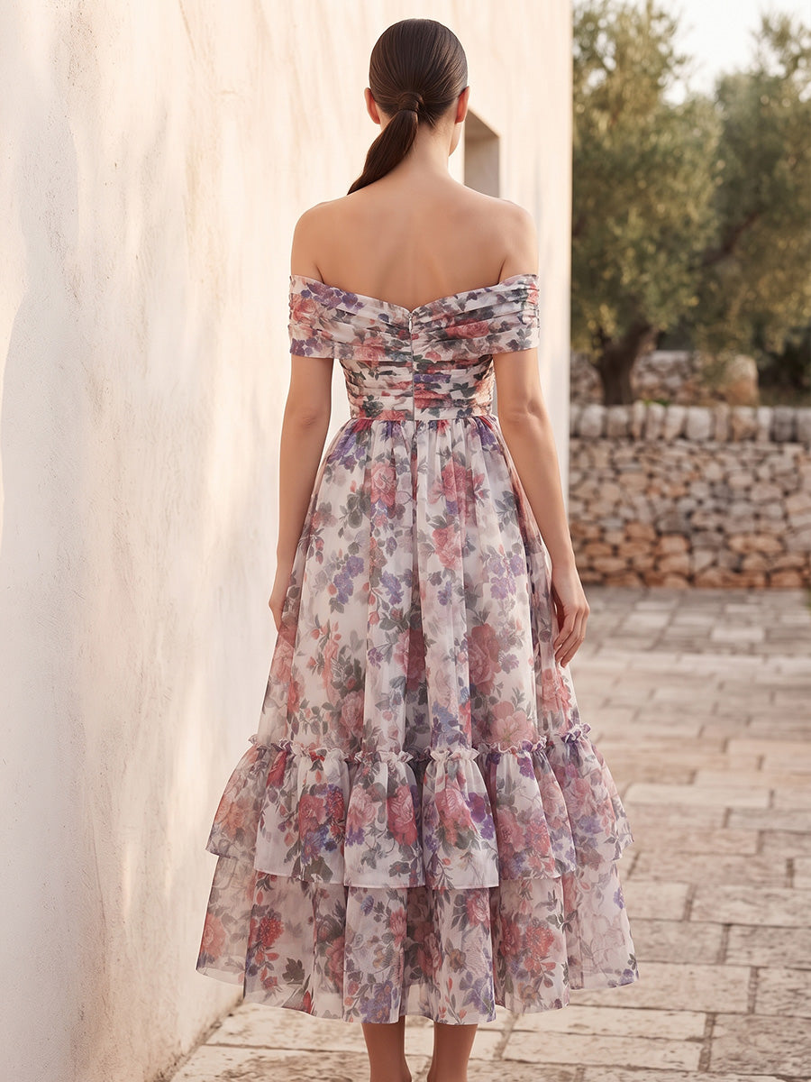A-Line/Princess Off Shoulder Floral Print Tea-Length Wedding Guest Dresses with Ruffles, Ruched Bodice & Pleats