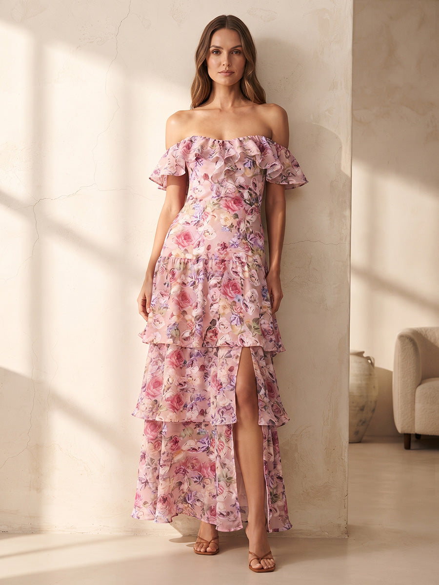 A-Line/Princess Off Shoulder Floral Print Tea-Length Wedding Guest Dresses with Ruffles & Slit