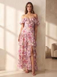 A-Line/Princess Off Shoulder Floral Print Tea-Length Wedding Guest Dresses with Ruffles & Slit
