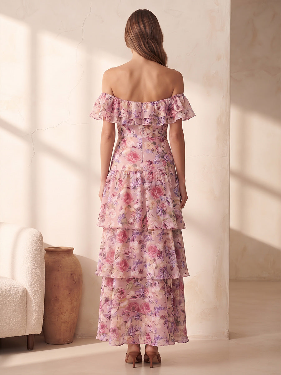 A-Line/Princess Off Shoulder Floral Print Tea-Length Wedding Guest Dresses with Ruffles & Slit
