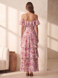 A-Line/Princess Off Shoulder Floral Print Tea-Length Wedding Guest Dresses with Ruffles & Slit