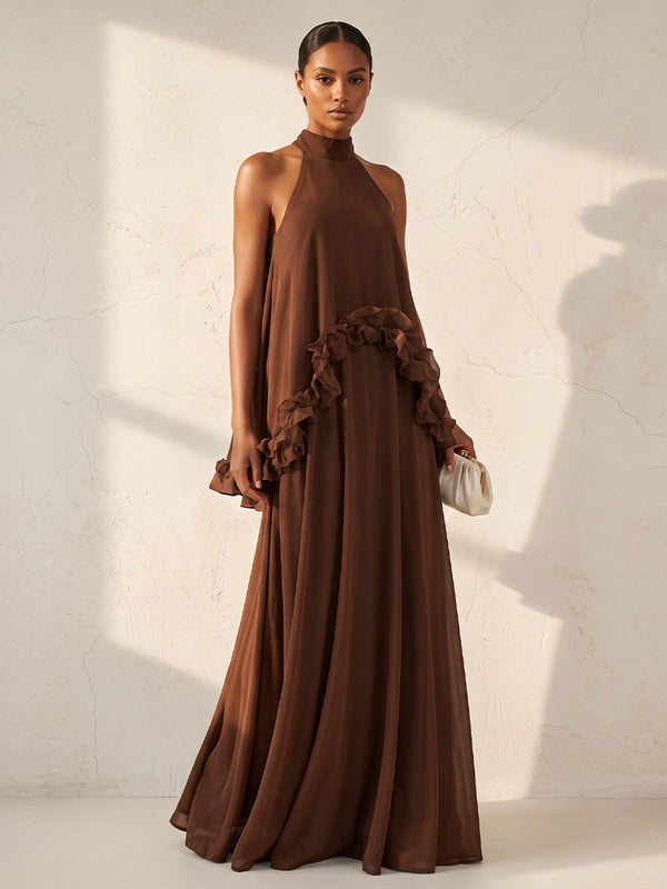 A-Line/Princess Halter Chiffon Floor-Length Wedding Guest Dresses with Ruffles & Pleats