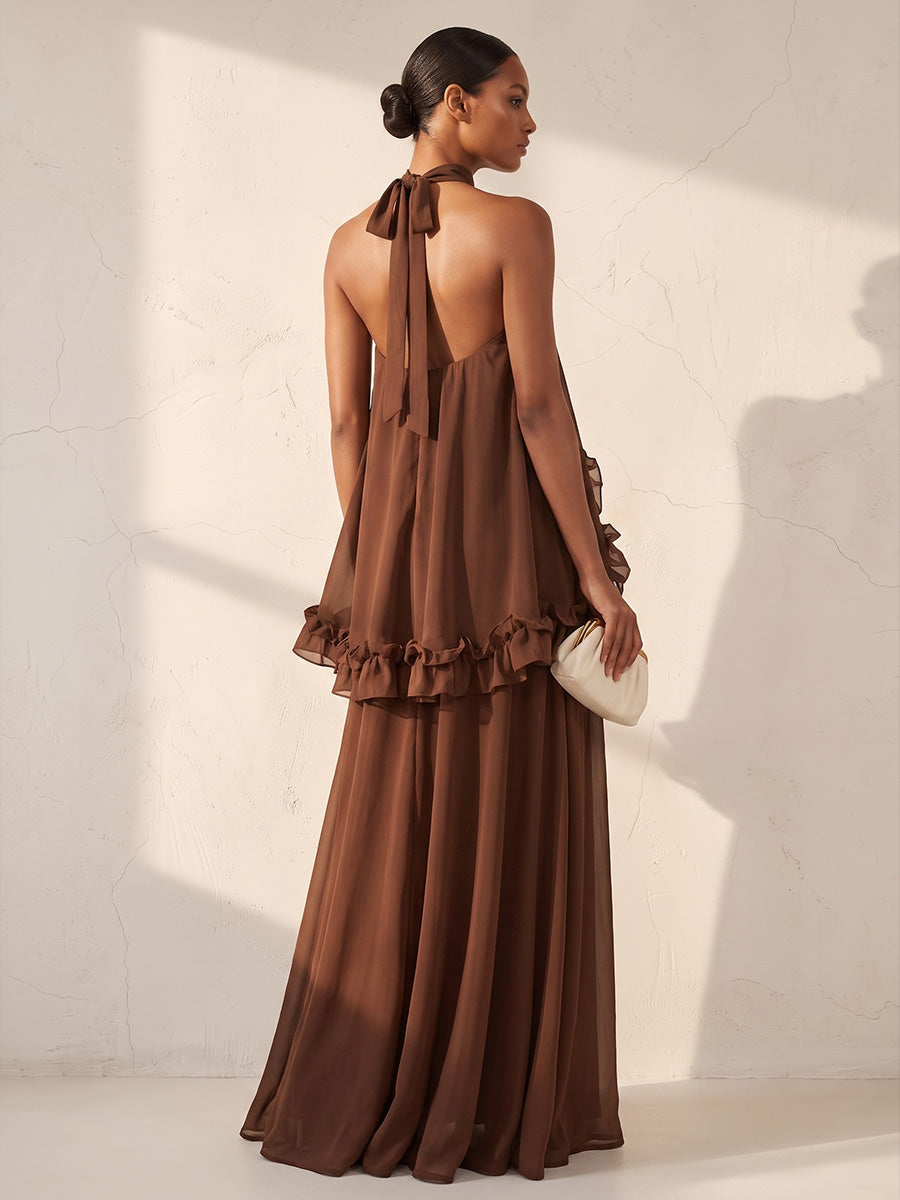 A-Line/Princess Halter Chiffon Floor-Length Wedding Guest Dresses with Ruffles & Pleats