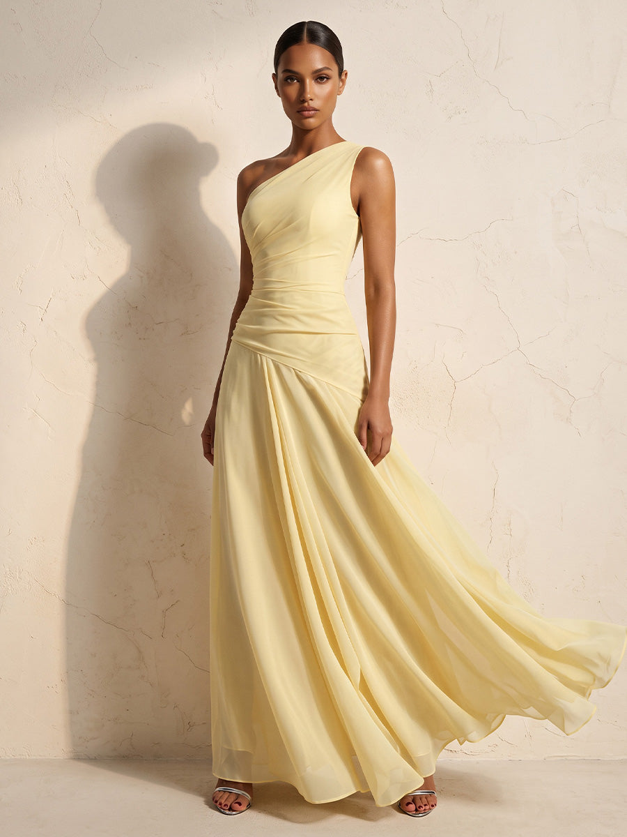 A-Line/Princess One Shoulder Chiffon Floor-Length Wedding Guest Dresses with Pleats & Ruched Waist