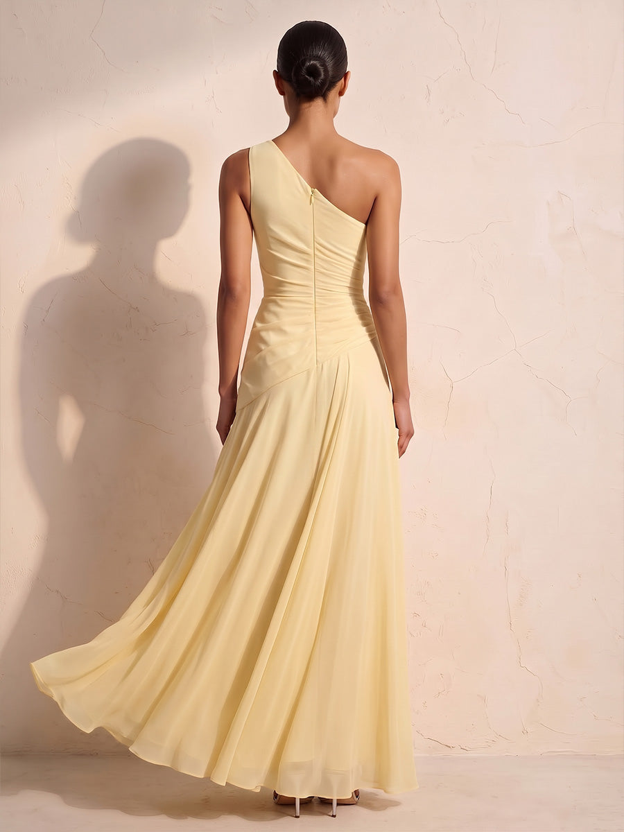 A-Line/Princess One Shoulder Chiffon Floor-Length Wedding Guest Dresses with Pleats & Ruched Waist