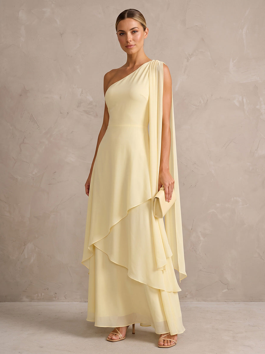 A-Line/Princess One Shoulder Chiffon Floor-Length Wedding Guest Dresses with Side Sash & Ruffles