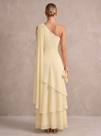 A-Line/Princess One Shoulder Chiffon Floor-Length Wedding Guest Dresses with Side Sash & Ruffles