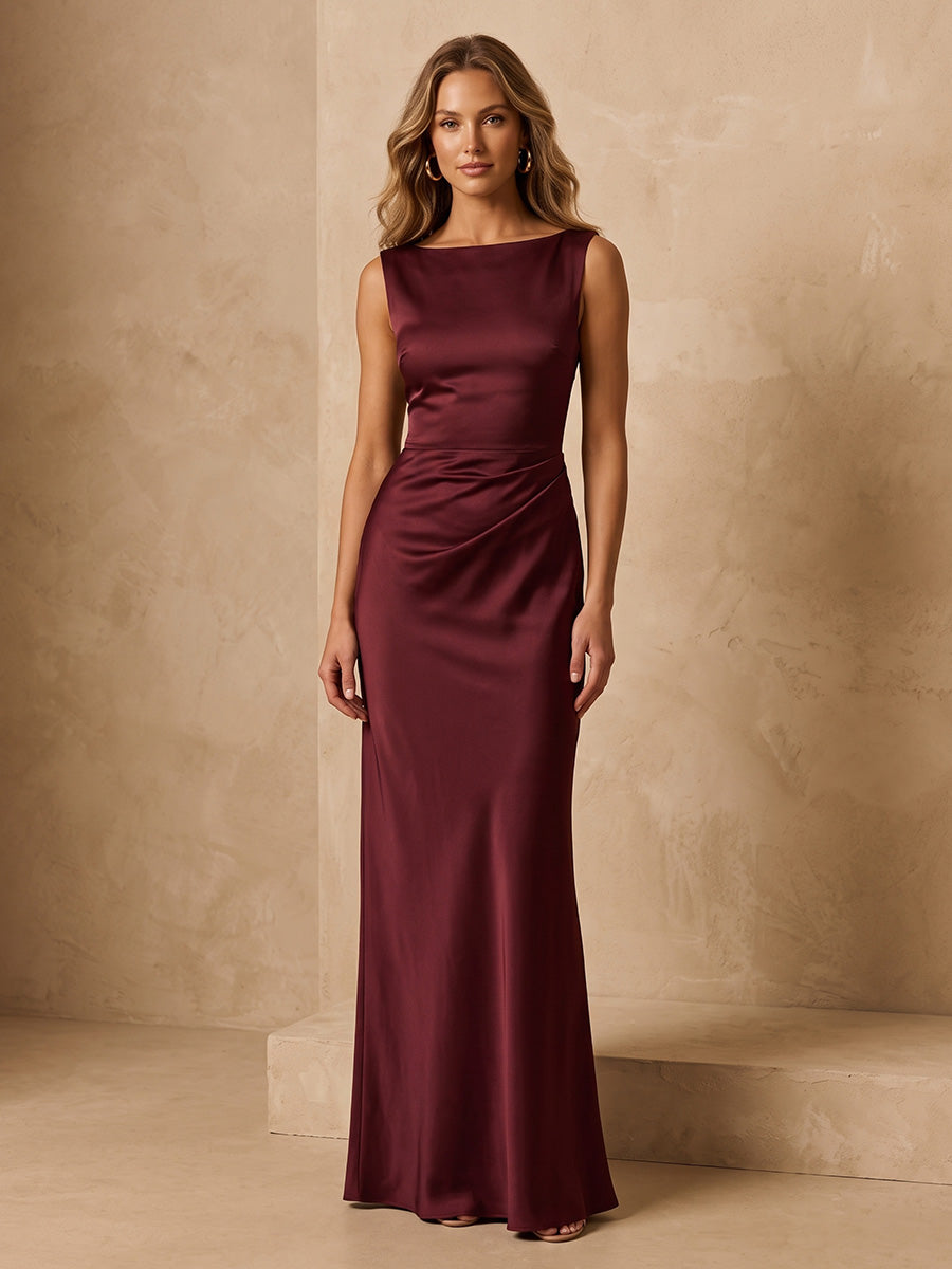 Sheath/Column Scoop Neck Satin Floor-Length Wedding Guest Dresses for Women
