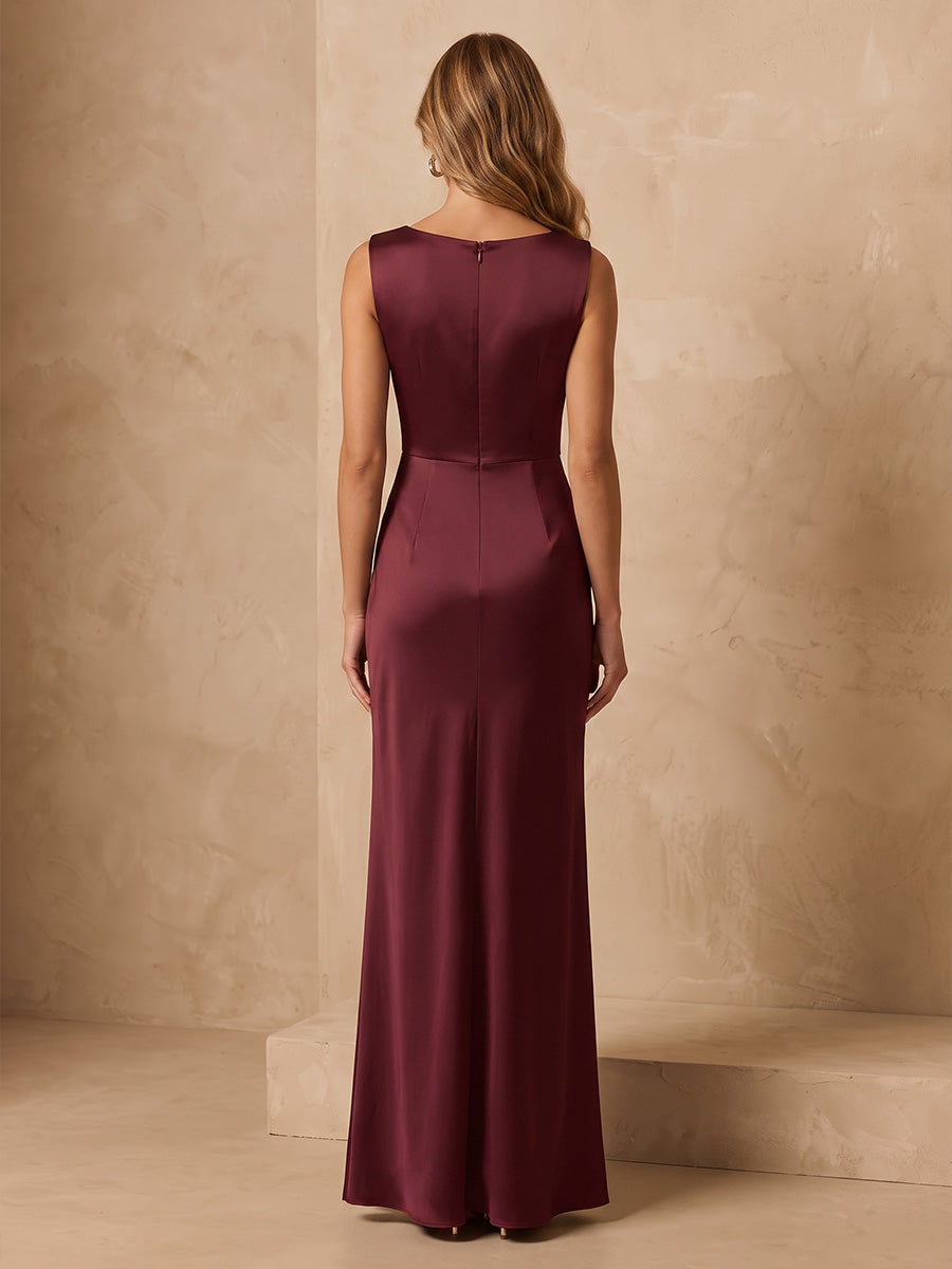 Sheath/Column Scoop Neck Satin Floor-Length Wedding Guest Dresses for Women