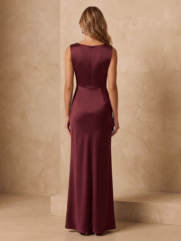 Sheath/Column Scoop Neck Satin Floor-Length Wedding Guest Dresses for Women