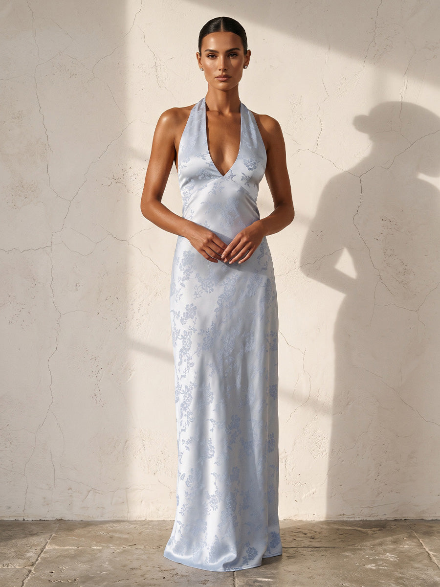 Sheath/Column Halter Jacquard Floor-Length Wedding Guest Dresses for Women