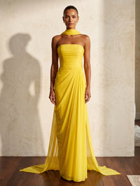 Sheath/Column Strapless Chiffon Floor-Length Wedding Guest Dresses with Scarf & Ruched Waist
