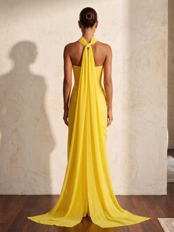 Sheath/Column Strapless Chiffon Floor-Length Wedding Guest Dresses with Scarf & Ruched Waist
