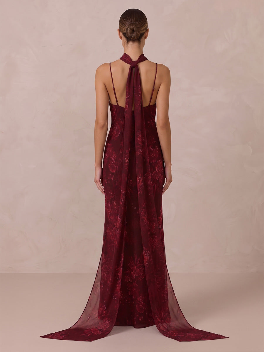 Sheath/Column Spaghetti Straps Floral Print Floor-Length Wedding Guest Dresses with Scarf