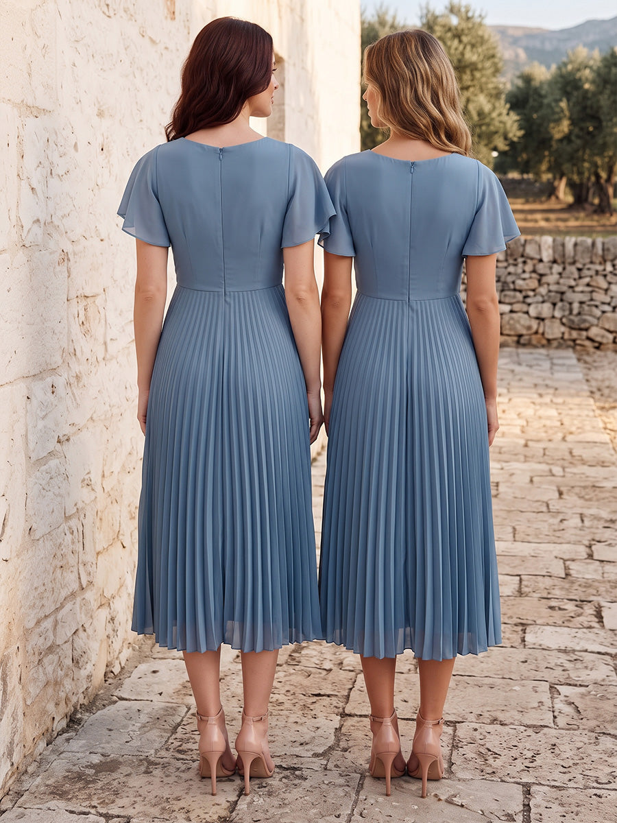 A-Line/Princess V-Neck Chiffon Tea-Length Wedding Guest Dresses with Pleats & Ruched Bodice