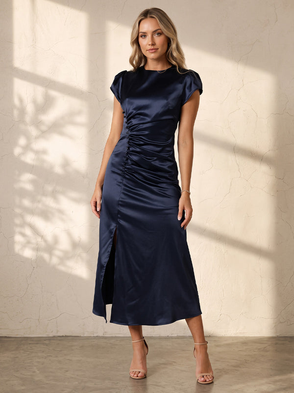 Sheath/Column Scoop Neck Satin Tea-Length Wedding Guest Dresses with Ruched Waist & Slit