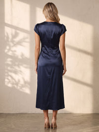 Sheath/Column Scoop Neck Satin Tea-Length Wedding Guest Dresses with Ruched Waist & Slit