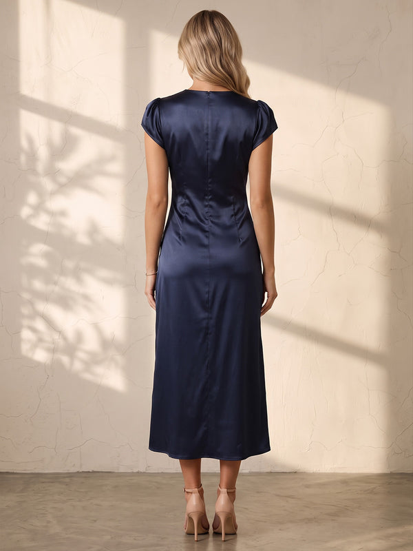 Sheath/Column Scoop Neck Satin Tea-Length Wedding Guest Dresses with Ruched Waist & Slit