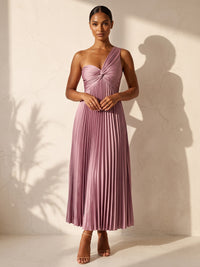 A-Line/Princess One Shoulder Satin Tea-Length Wedding Guest Dresses with Pleats & Ruched Bodice