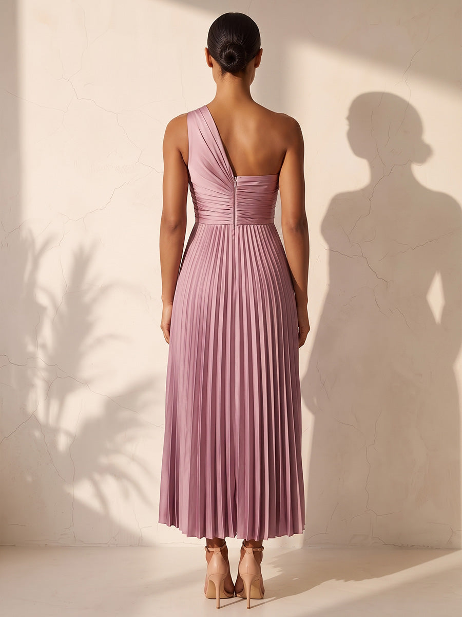 A-Line/Princess One Shoulder Satin Tea-Length Wedding Guest Dresses with Pleats & Ruched Bodice