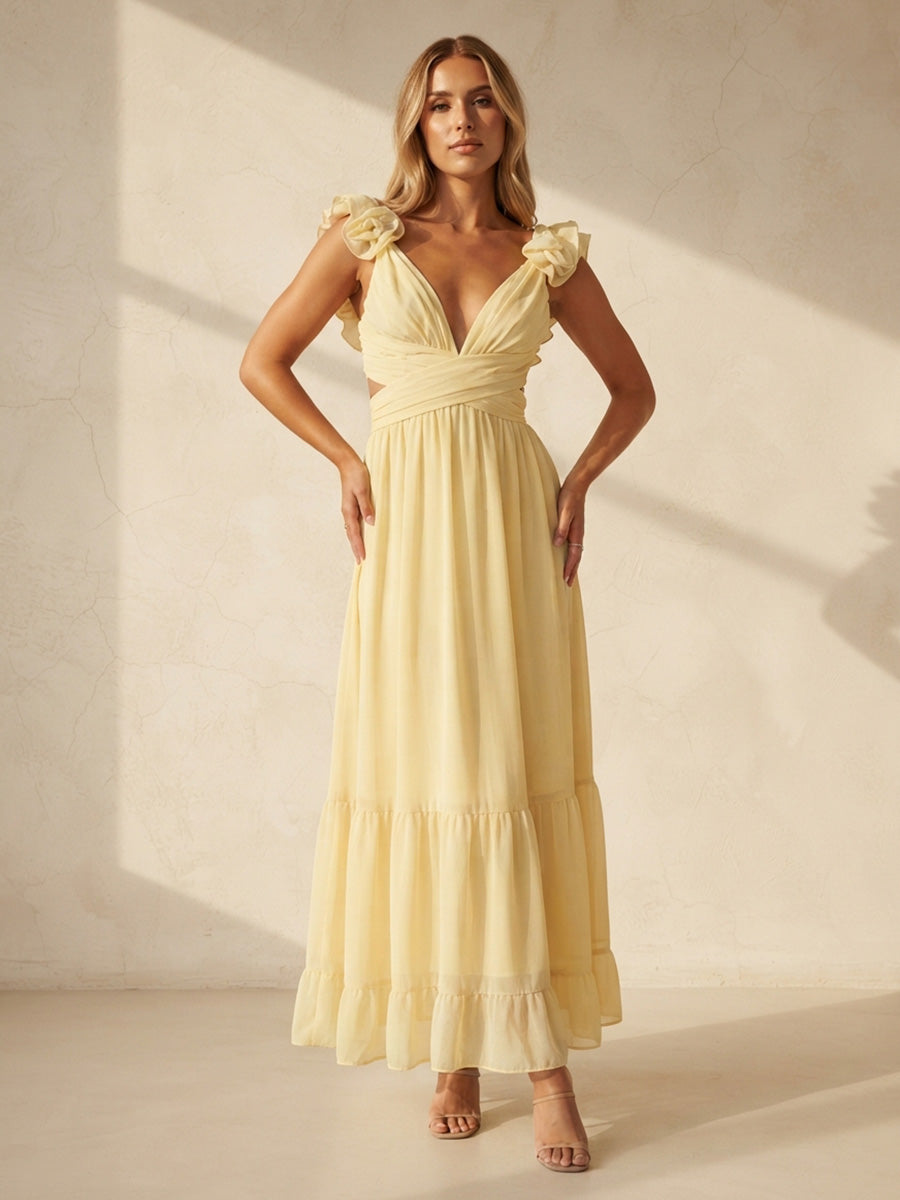 A-Line/Princess V-Neck Chiffon Tea-Length Wedding Guest Dresses with 3D Flowers, Ruffles & Pleats