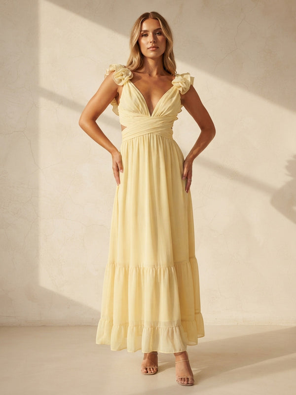A-Line/Princess V-Neck Chiffon Tea-Length Wedding Guest Dresses with 3D Flowers, Ruffles & Pleats