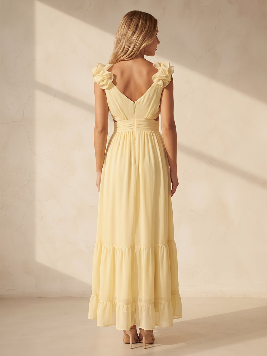 A-Line/Princess V-Neck Chiffon Tea-Length Wedding Guest Dresses with 3D Flowers, Ruffles & Pleats