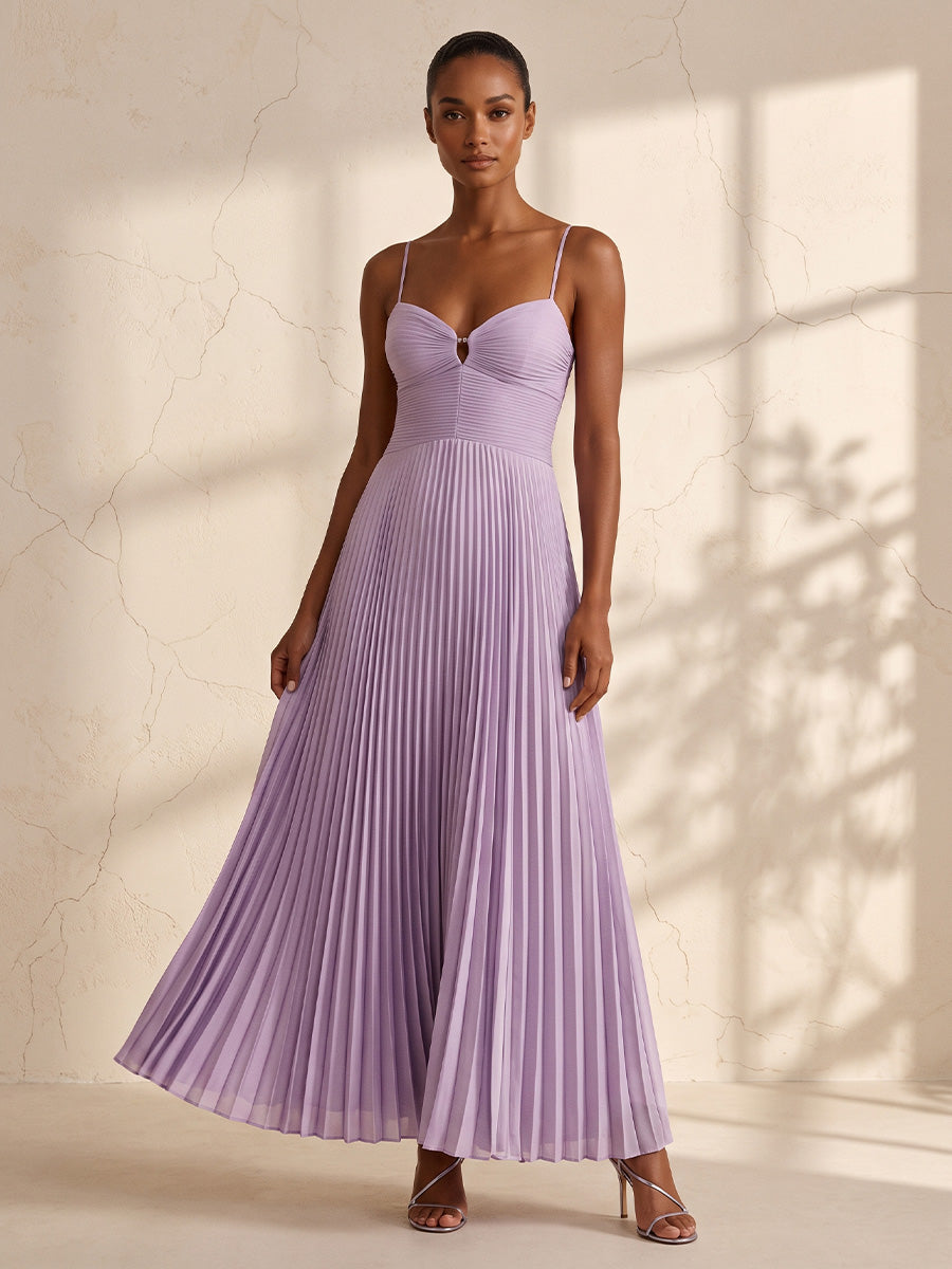A-Line/Princess Spaghetti Straps Chiffon Tea-Length Wedding Guest Dresses with Pleats