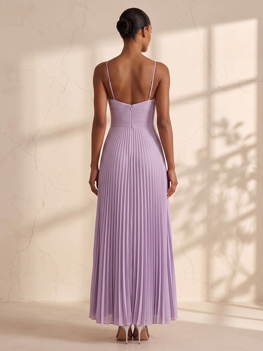 A-Line/Princess Spaghetti Straps Chiffon Tea-Length Wedding Guest Dresses with Pleats