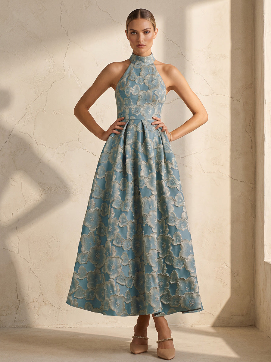 A-Line/Princess Halter Jacquard Tea-Length Wedding Guest Dresses with Pleats