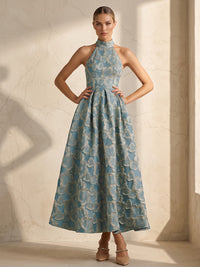 A-Line/Princess Halter Jacquard Tea-Length Wedding Guest Dresses with Pleats