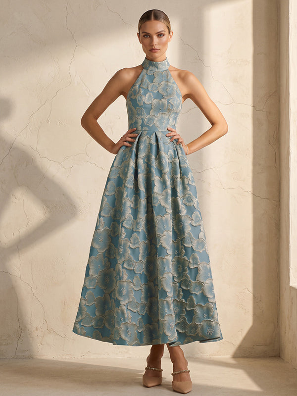 A-Line/Princess Halter Jacquard Tea-Length Wedding Guest Dresses with Pleats