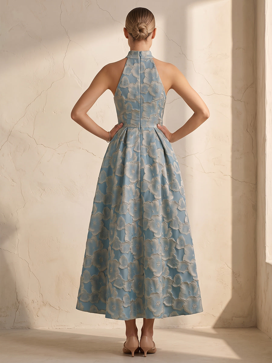 A-Line/Princess Halter Jacquard Tea-Length Wedding Guest Dresses with Pleats