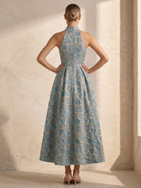 A-Line/Princess Halter Jacquard Tea-Length Wedding Guest Dresses with Pleats