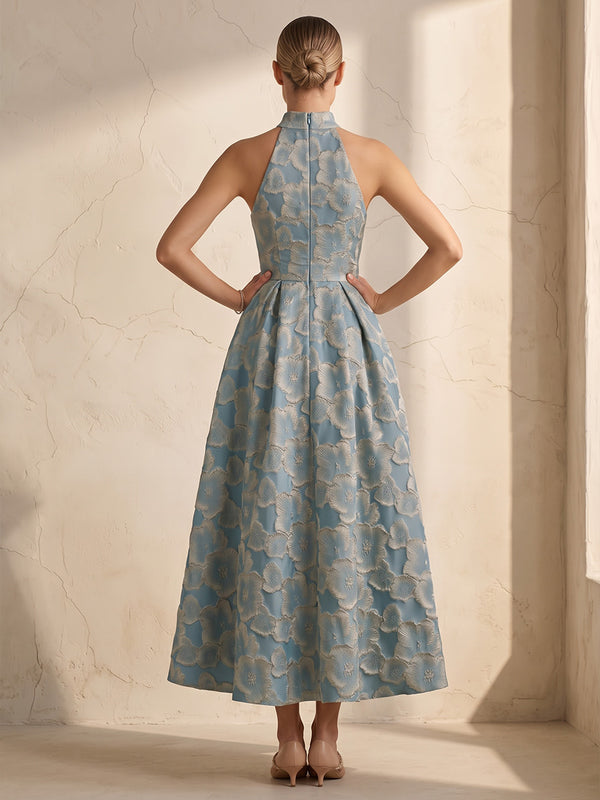 A-Line/Princess Halter Jacquard Tea-Length Wedding Guest Dresses with Pleats