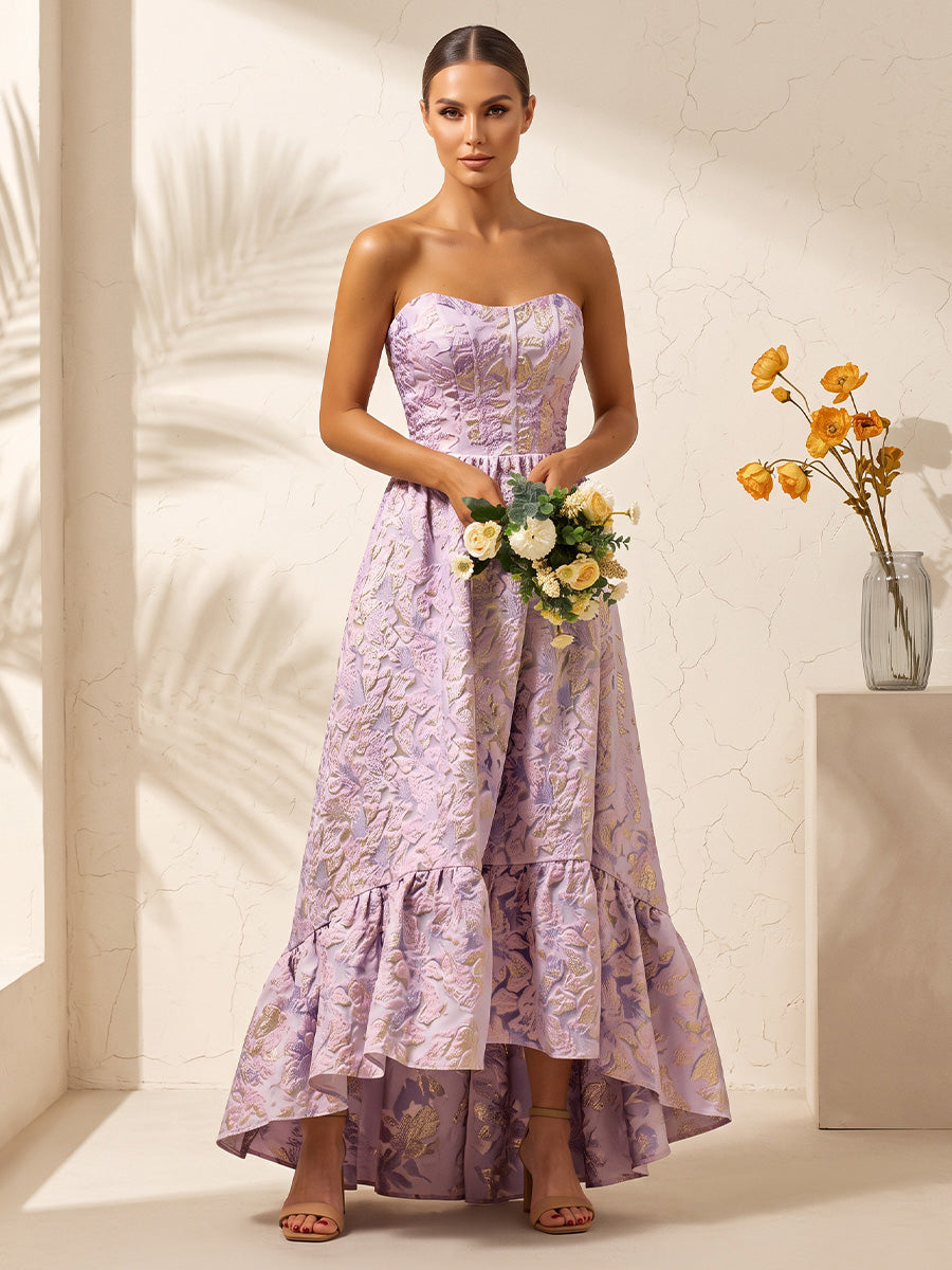 A-Line/Princess Strapless Jacquard High-Low Wedding Guest Dresses with Corset Bodice & Ruffles