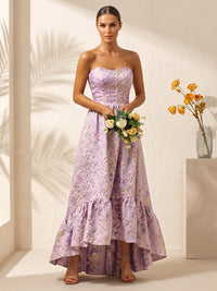 A-Line/Princess Strapless Jacquard High-Low Wedding Guest Dresses with Corset Bodice & Ruffles