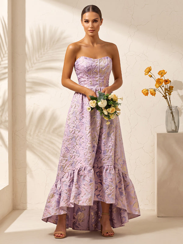 A-Line/Princess Strapless Jacquard High-Low Wedding Guest Dresses with Corset Bodice & Ruffles