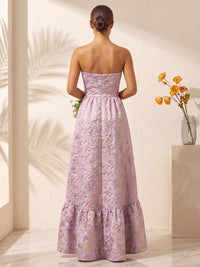 A-Line/Princess Strapless Jacquard High-Low Wedding Guest Dresses with Corset Bodice & Ruffles