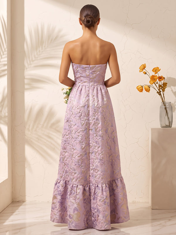 A-Line/Princess Strapless Jacquard High-Low Wedding Guest Dresses with Corset Bodice & Ruffles