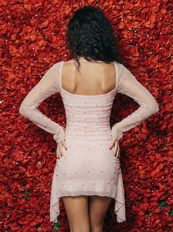 Bead Long Sleeve Square Neck Bodycon Mini Cocktail Party Dresses with Ruffle