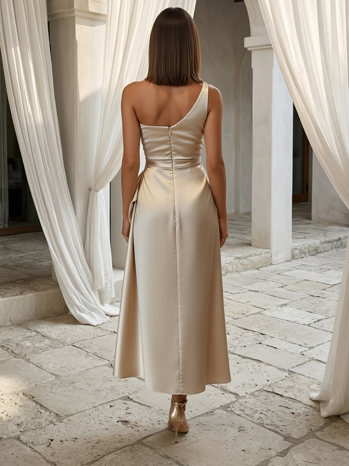 Sheath Elegant Cocktail Dresses One Shoulder Ruched Waist Tea-Length