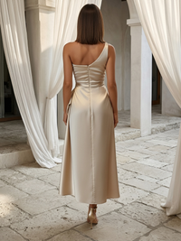Sheath Elegant Cocktail Dresses One Shoulder Ruched Waist Tea-Length