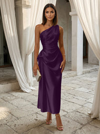 Sheath Elegant Cocktail Dresses One Shoulder Ruched Waist Tea-Length